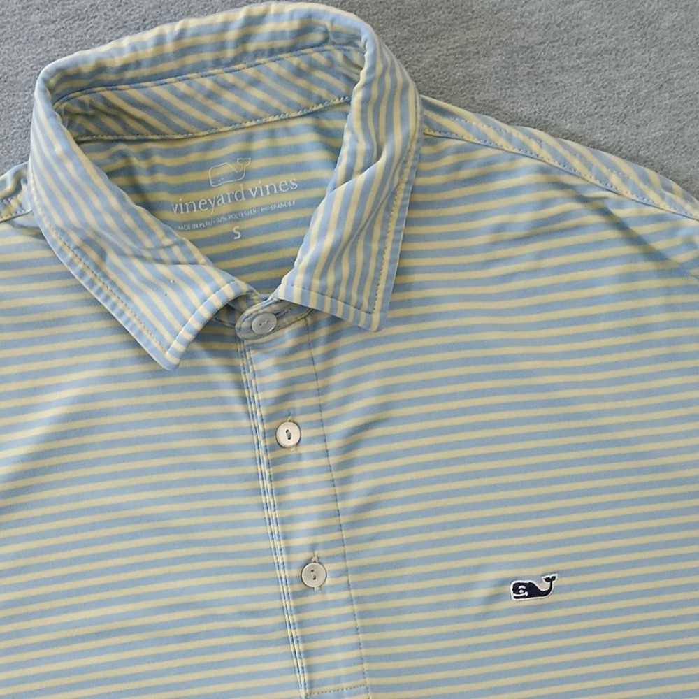 Vineyard Vines Mens Small Blue Yellow Striped Performance Golf Polo Shirt